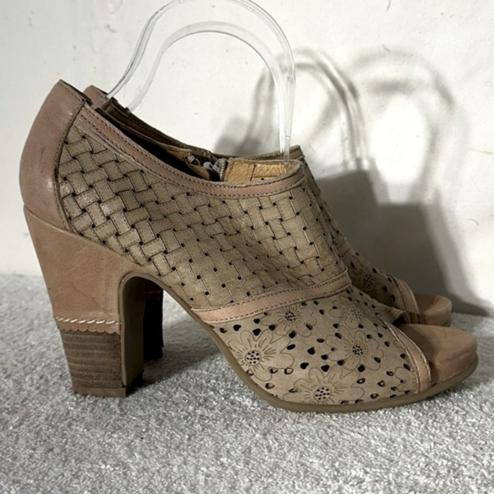Gold Button Tan Nude Laser Cut Peep Toe Chunky Heel  Ankle Boots Booties